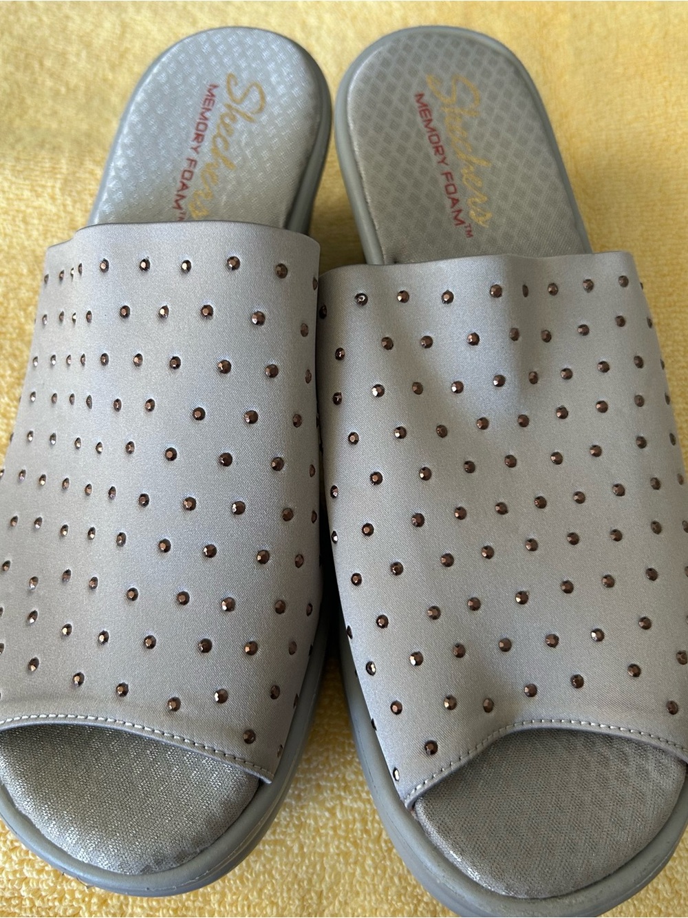 Skechers Women's Slide Sandals in Light Gray/Taupe with Stud Accents